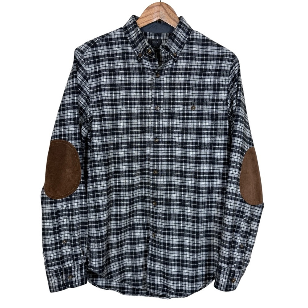 J.Crew Black White Plaid Button Down Shirt Elbow Patches Mens Size Small